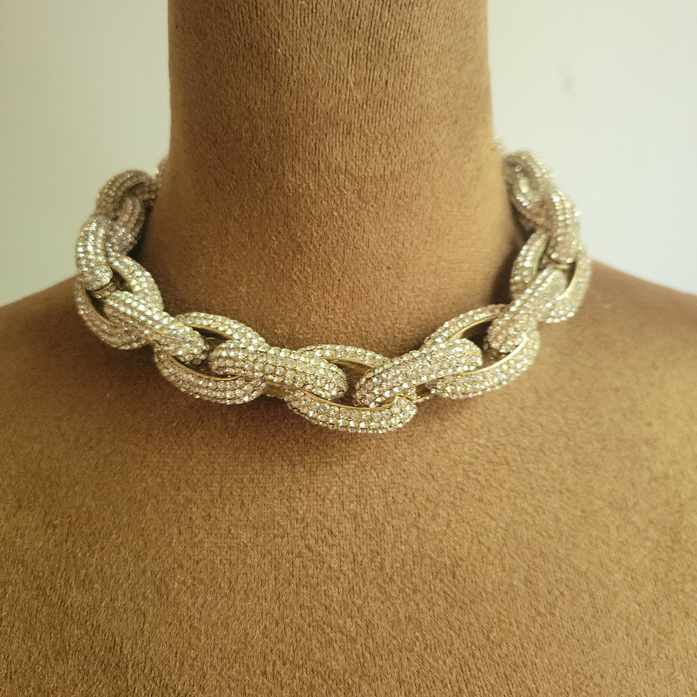 Silver Rhinestone Chunky Link Choker Necklace 14-17 Inch Adjustable Mob Wife